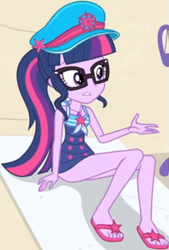 Size: 577x854 | Tagged: safe, screencap, sci-twi, twilight sparkle, equestria girls, equestria girls series, forgotten friendship, g4, beach chair, beach towel, chair, clothes, cropped, cute, feet, female, flip-flops, geode of telekinesis, glasses, hat, jewelry, legs, magical geodes, necklace, sand, sandals, sci-twi swimsuit, sleeveless, solo, swimsuit, twiabetes