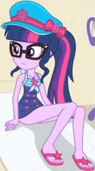 Size: 475x856 | Tagged: safe, screencap, sci-twi, twilight sparkle, equestria girls, equestria girls specials, g4, my little pony equestria girls: better together, my little pony equestria girls: forgotten friendship, beach, beach towel, clothes, cropped, cute, feet, female, geode of telekinesis, glasses, hat, jewelry, legs, magical geodes, necklace, one-piece swimsuit, outdoors, ponytail, ribbon, sandals, sci-twi swimsuit, sleeveless, solo, swimsuit, twiabetes