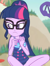 Size: 660x862 | Tagged: safe, screencap, sci-twi, twilight sparkle, equestria girls, equestria girls series, forgotten friendship, g4, beach chair, beach umbrella, chair, clothes, cropped, cute, drone, female, geode of telekinesis, glasses, jewelry, legs, lidded eyes, looking down, magical geodes, necklace, outdoors, ponytail, sci-twi swimsuit, sitting, solo, swimsuit, tree, twiabetes