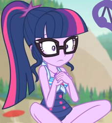 Size: 768x840 | Tagged: safe, screencap, sci-twi, twilight sparkle, equestria girls, equestria girls series, forgotten friendship, g4, beach chair, beach umbrella, chair, clothes, cropped, cute, female, geode of telekinesis, glasses, jewelry, legs, magical geodes, necklace, outdoors, ponytail, raised eyebrows, sci-twi swimsuit, sitting, sky, sleeveless, solo, swimsuit, tree, twiabetes, wide eyes