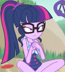 Size: 756x841 | Tagged: safe, screencap, sci-twi, twilight sparkle, equestria girls, equestria girls series, forgotten friendship, g4, beach chair, chair, clothes, cropped, cute, female, geode of telekinesis, glasses, jewelry, legs, lidded eyes, magical geodes, necklace, outdoors, ponytail, sci-twi swimsuit, sitting, sky, sleeveless, solo, swimsuit, tree, twiabetes, umbrella