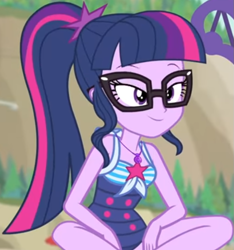 Size: 789x843 | Tagged: safe, screencap, sci-twi, twilight sparkle, equestria girls, equestria girls series, forgotten friendship, g4, beach chair, chair, clothes, cropped, cute, female, geode of telekinesis, jewelry, legs, lidded eyes, magical geodes, necklace, outdoors, ponytail, sci-twi swimsuit, sitting, sky, sleeveless, smiling, solo, swimsuit, twiabetes, umbrella