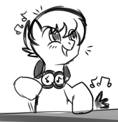 Size: 1200x1239 | Tagged: safe, artist:redpalette, oc, oc only, earth pony, pony, black and white, cute, grayscale, headphones, male, monochrome, music, sketch, smiling, stallion