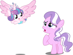 Size: 4428x3390 | Tagged: safe, artist:cloudy glow, artist:concordisparate, edit, edited edit, editor:slayerbvc, vector edit, diamond tiara, princess flurry heart, alicorn, earth pony, pony, g4, accessory theft, accessory-less edit, baby, baby pony, diamond tiara's tiara, diaper, female, filly, flying, foal, jewelry, looking back, looking up, missing accessory, raised hoof, simple background, spread wings, tiara, transparent background, underhoof, upset, vector, wings
