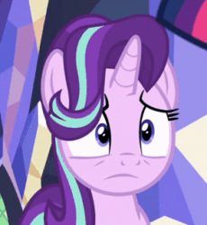 Size: 293x319 | Tagged: safe, screencap, starlight glimmer, pony, unicorn, a royal problem, g4, season 7, animated, cropped, female, floppy ears, gif, mare, offscreen character, solo, talking, worried