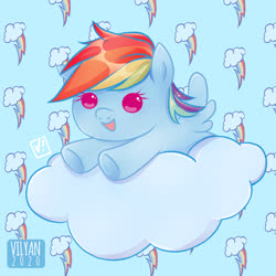 Size: 682x682 | Tagged: safe, artist:vilyann, part of a set, rainbow dash, pegasus, pony, g4, baby, baby dash, baby pony, cloud, cute, cutie mark, dashabetes, female, filly, filly rainbow dash, foal, happy, mare, on a cloud, simple background, smiling, solo, weapons-grade cute, younger