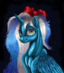 Size: 1280x1463 | Tagged: safe, artist:dragonpinkiepie, oc, oc:fleurbelle, alicorn, pony, alicorn oc, bow, female, hair bow, horn, mare, smiling, uncanny valley, wing fluff