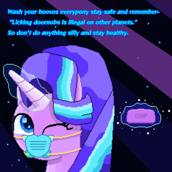 Size: 3766x3766 | Tagged: safe, artist:superhypersonic2000, starlight glimmer, pony, unicorn, g4, coronavirus, covid-19, dialogue, female, glowing horn, high res, horn, magic, mask, one eye closed, pixel art, soap, solo, telekinesis, wink