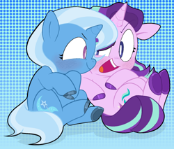 Size: 500x426 | Tagged: safe, artist:pinkiespresent, starlight glimmer, trixie, pony, unicorn, g4, blushing, colored hooves, female, fetlock tuft, lesbian, ship:startrix, shipping, smiling