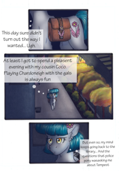 Size: 3336x4776 | Tagged: safe, artist:tillie-tmb, oc, oc:meadow lark, earth pony, pony, comic:the amulet of shades, bag, comic, saddle bag, solo, traditional art