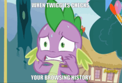 Size: 663x451 | Tagged: safe, edit, edited screencap, screencap, spike, dragon, g4, triple threat, animated, caption, cropped, discovery family logo, dolly zoom, faic, gif, image macro, implied twilight sparkle, male, meme, reversed, solo, sweat, text
