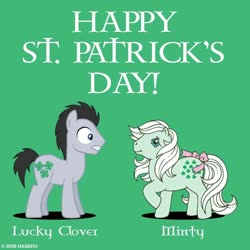 Size: 1080x1080 | Tagged: safe, lucky clover, minty (g1), earth pony, pony, g1, g4, official, clover, duo, female, green background, happy st. patrick's day, holiday, male, mare, saint patrick's day, shamrock, simple background, stallion