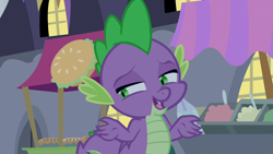 Size: 1920x1080 | Tagged: safe, screencap, spike, dragon, g4, the summer sun setback, canterlot, food, lidded eyes, male, night, open mouth, pie, shrug, smiling, solo, winged spike, wings