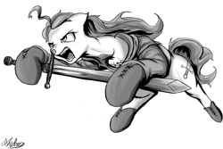 Size: 1500x1000 | Tagged: safe, artist:andromailus, oc, oc only, oc:nordpone, earth pony, pony, clothes, leaping, monochrome, simple background, solo, sword, weapon, white background