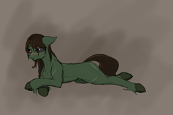 Size: 1500x1000 | Tagged: safe, artist:andromailus, oc, oc only, earth pony, monster pony, orc, original species, pony, blushing, lying down, simple background, solo, unshorn fetlocks