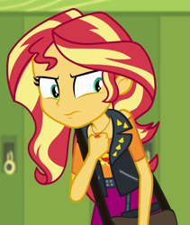 Size: 767x908 | Tagged: safe, screencap, sunset shimmer, equestria girls, equestria girls series, forgotten friendship, g4, canterlot high, cropped, female, hallway, lockers, solo