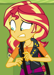 Size: 643x898 | Tagged: safe, screencap, sunset shimmer, equestria girls, equestria girls series, forgotten friendship, g4, canterlot high, cropped, female, geode of empathy, hallway, lockers, magical geodes, shrunken pupils, solo