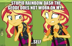 Size: 780x500 | Tagged: safe, edit, edited screencap, screencap, sunset shimmer, equestria girls, equestria girls specials, g4, my little pony equestria girls: better together, my little pony equestria girls: forgotten friendship, caption, female, geode of empathy, image macro, magical geodes, meme, self paradox, text