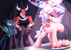 Size: 3496x2480 | Tagged: safe, artist:airiniblock, cozy glow, grogar, lord tirek, queen chrysalis, centaur, changeling, changeling queen, pegasus, pony, frenemies (episode), g4, banner, better way to be bad, bow, bracer, cheek fluff, crown, cupcake, curly mane, dessert, evil grin, female, filly, flower, flower in mouth, foal, food, grin, hair bow, hand on hip, high res, hoof on chest, jewelry, legion of doom, looking at you, male, mare, mouth hold, nose piercing, nose ring, open mouth, piercing, plate, regalia, rose, rose in mouth, scene interpretation, septum piercing, smiling, smiling at you, spotlight, standing, tail bow, trio