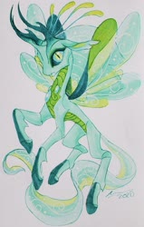 Size: 1908x2991 | Tagged: safe, artist:creeate97, queen chrysalis, changeling, changeling queen, g4, alternate design, female, flying, looking at you, mare, simple background, slit pupils, solo, traditional art, white background
