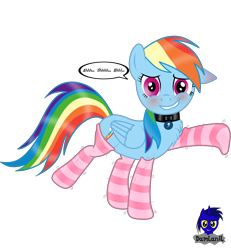 Size: 3840x4154 | Tagged: safe, artist:damlanil, rainbow dash, pegasus, pony, g4, blushing, chest fluff, clothes, collar, comic, cute, cutie mark collar, dashabetes, embarrassed, female, floppy ears, latex, lip bite, looking at you, mare, raised hoof, rubber, shiny, shiny mane, show accurate, simple background, smiling, socks, solo, striped socks, transparent background, underhoof, wings