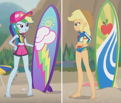 Size: 546x464 | Tagged: safe, screencap, applejack, rainbow dash, blue crushed, equestria girls, g4, my little pony equestria girls: better together, applejack's beach shorts swimsuit, barefoot, beach, clothes, comparison, feet, female, legs, surfboard, swimsuit