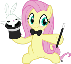 Size: 1674x1514 | Tagged: safe, artist:anime-equestria, angel bunny, fluttershy, pegasus, pony, rabbit, g4, angry, animal, blushing, bowtie, cute, duo, female, hat, magician, shyabetes, simple background, smiling, top hat, transparent background, vector, wand