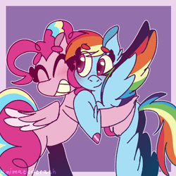 Size: 1000x1000 | Tagged: safe, artist:rubyg242, pinkie pie, rainbow dash, pegasus, pony, g4, colored wings, duo, female, g5 concept leak style, g5 concept leaks, hooves, hug, lesbian, mare, multicolored wings, pinkie pie (g5 concept leak), rainbow dash (g5 concept leak), rainbow wings, redesign, ship:pinkiedash, shipping, simple background, smiling, spread wings, wings