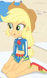 Size: 398x657 | Tagged: safe, screencap, applejack, equestria girls, equestria girls series, forgotten friendship, g4, apple, applebetes, applejack's hat, beach, beach towel, clothes, cowboy hat, cropped, cute, female, food, geode of super strength, hat, jackabetes, jewelry, legs, magical geodes, midriff, necklace, outdoors, sandals, sitting, solo, swimsuit