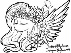 Size: 1500x1128 | Tagged: safe, artist:helithusvy, fluttershy, pegasus, pony, g4, black and white, coloring page, female, flower, flower in hair, grayscale, mare, monochrome, solo, spread wings, wings