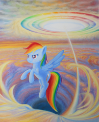 Size: 2400x2965 | Tagged: safe, artist:quantumsouls, rainbow dash, pegasus, pony, g4, cloud, cloudy, epic, female, flying, grin, high res, mare, rainbow trail, sky, smiling, solo, sonic rainboom, spread wings, traditional art, wings