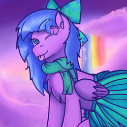 Size: 4096x4096 | Tagged: safe, artist:legionsunite, oc, oc only, pegasus, pony, bow, chest fluff, clothes, cloud, commission, cute, ear fluff, female, mare, one eye closed, rainbow waterfall, scarf, skirt, solo, stars, sunset, tongue out, wink