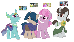 Size: 2045x1164 | Tagged: safe, artist:ari-10, oc, changeling, earth pony, pony, unicorn, base used, female, interspecies offspring, magical lesbian spawn, male, next generation, offspring, parent:berry punch, parent:fiddlesticks, parent:florina tart, parent:king sombra, parent:raven, parent:stygian, parent:thorax, parent:trixie, simple background, transparent background