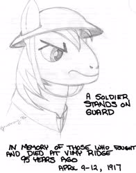 Size: 2166x2769 | Tagged: safe, artist:midnite99, big macintosh, earth pony, pony, g4, black and white, grayscale, helmet, high res, monochrome, sketch, text, traditional art, tribute, world war i