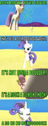 Size: 368x966 | Tagged: safe, artist:undeadponysoldier, maud pie, rarity, spike, earth pony, pony, unicorn, series:spikebob scalepants, g4, 3d, comic, cute, female, funny, giant pony, gmod, happy, hoof hugs, hugging leg, it's a rock, macro, mare, parody, pizza delivery, pun, rarity is not amused, reference, silly, sobbing, spongebob squarepants, unamused