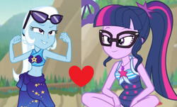 Size: 1392x840 | Tagged: safe, edit, edited screencap, screencap, sci-twi, trixie, twilight sparkle, equestria girls, equestria girls specials, g4, my little pony equestria girls: better together, my little pony equestria girls: forgotten friendship, clothes, female, flexing, glasses, lesbian, ship:sci-twixie, ship:twixie, shipping, shipping domino, swimsuit