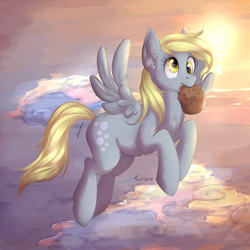 Size: 1250x1250 | Tagged: safe, artist:kotezio, derpy hooves, pegasus, pony, g4, cloud, crepuscular rays, ear fluff, female, flying, food, mare, mouth hold, muffin, redraw, sky, solo, spread wings, sun, sunlight, that pony sure does love muffins, wings