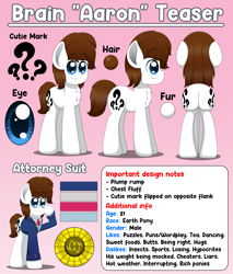 Size: 5100x5999 | Tagged: safe, artist:aarondrawsarts, oc, oc:brain teaser, earth pony, pony, both cutie marks, butt, chest fluff, clothes, earth pony oc, glasses, male, plot, reference sheet, suit