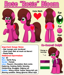 Size: 4600x5360 | Tagged: safe, artist:aarondrawsarts, oc, oc:rose bloom, earth pony, pony, alternate hairstyle, butt, clothes, female, mare, plot, ponytail, reference sheet, rosie butt, skirt, skirt suit, suit