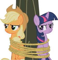 Size: 2409x2490 | Tagged: safe, artist:midnite99, applejack, twilight sparkle, pony, unicorn, g4, secret of my excess, high res, rope, simple background, tied up, transparent background, tree, unicorn twilight, vector