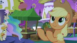 Size: 1920x1080 | Tagged: safe, screencap, applejack, jonagold, marmalade jalapeno popette, princess celestia, earth pony, pony, g4, the summer sun setback, apple family member, applejack's hat, box, canterlot, cowboy hat, crown, cupcake, cute, cutelestia, food, grin, hat, hug, jackabetes, jewelry, lidded eyes, looking at each other, looking down, looking up, missing freckles, momlestia fuel, night, regalia, smiling, winghug
