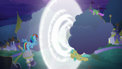 Size: 1920x1080 | Tagged: safe, screencap, merry may, rainbow dash, sunshower raindrops, pegasus, pony, g4, the summer sun setback, canterlot, cloud, female, flying, night, spread wings, wings