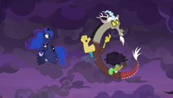 Size: 1920x1080 | Tagged: safe, screencap, discord, princess luna, alicorn, draconequus, pony, g4, the summer sun setback, :o, cloud, cloudy, cute, duo, female, flying, male, open mouth
