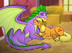 Size: 2929x2163 | Tagged: safe, artist:bella-pink-savage, applejack, spike, dragon, earth pony, pony, g4, barn, cuddling, cute, female, hay bale, high res, jackabetes, male, mare, older, older spike, one eye closed, ponyloaf, prone, ship:applespike, shipping, smiling, spikabetes, straight, winged spike, wings