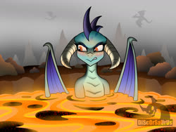 Size: 1280x960 | Tagged: safe, artist:discorsaurus, princess ember, dragon, g4, angry, bath, bathing, blushing, cloud, cloudy, cute, cute when angry, dragon lands, dragoness, embarrassed, emberbetes, female, folded wings, gritted teeth, horns, lava, lava bathing, solo, tsundember, tsundere, volcano, water, wings