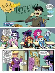 Size: 768x1024 | Tagged: safe, artist:pencils, idw, official comic, applejack, cranky doodle donkey, fluttershy, ms. harshwhinny, pinkie pie, rainbow dash, rarity, sci-twi, sunset shimmer, trixie, twilight sparkle, gerbil, equestria girls, g4, spoiler:comic, spoiler:comicequestriagirlsmarchradness, ball, basketball, detention, dirty, humane five, humane seven, humane six, pranked, preview, sports, yawn