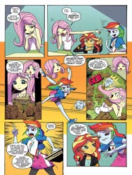 Size: 768x1024 | Tagged: safe, artist:pencils, idw, fluttershy, rainbow dash, sunset shimmer, gerbil, equestria girls, g4, spoiler:comic, spoiler:comicequestriagirlsmarchradness, armpits, ball, converse, faic, food, football, frightened, lip bite, lockers, pointing, preview, rainbow dash is best facemaker, sandwich, shoes, sports