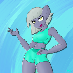 Size: 4000x4000 | Tagged: safe, artist:yenchey, limestone pie, anthro, g4, breasts, clothes, confident, female, gym shorts, hand on hip, shorts, simple background, solo, sports bra, sports shorts, sporty style, sultry pose, tank top, tomboy