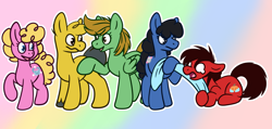 Size: 3360x1600 | Tagged: dead source, safe, artist:aquilaurium, earth pony, pony, blanket, charlie brown, linus van pelt, lucy van pelt, peanuts (comic), peppermint patty, ponified, sally brown