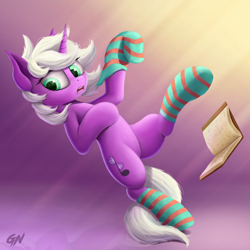 Size: 1500x1500 | Tagged: safe, artist:foxpit, oc, oc only, pony, unicorn, book, clothes, commission, female, horn, mare, simple background, socks, solo, stockings, striped socks